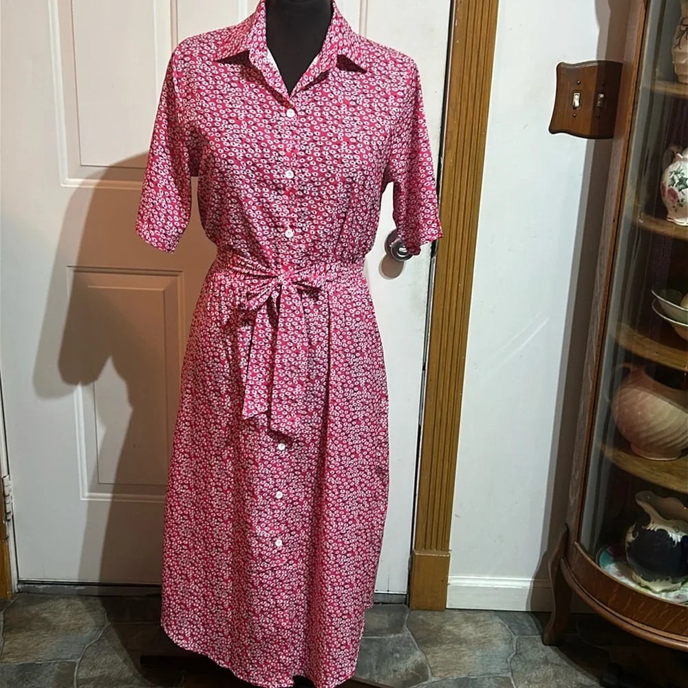 Pink and White Floral Short Sleeve Button Down Tie in the Front Dress Size XL - Picture 1 of 6
